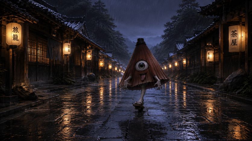 からかさ小僧|雨宿りの傘